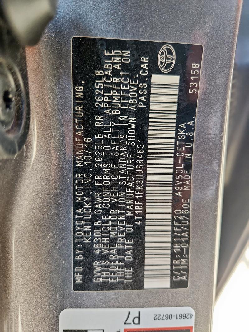 2017 TOYOTA CAMRY 4T1BF1FK3HU684631