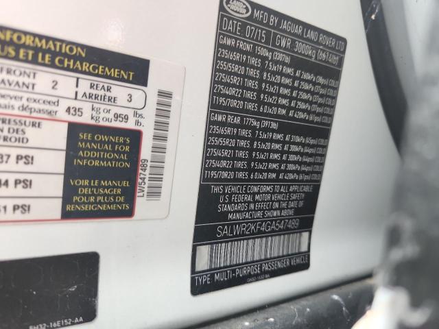 2016 LAND ROVER RANGE ROVE SALWR2KF4GA547489