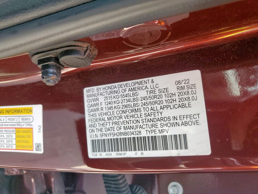 2022 HONDA PILOT SE 5FNYF5H28NB034328