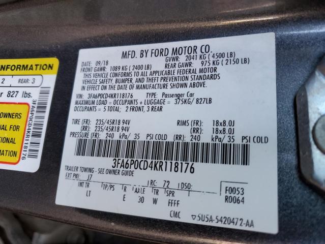 2019 FORD FUSION SEL 3FA6P0CD4KR118176
