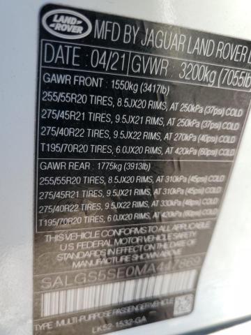 2021 LAND ROVER RANGE ROVE SALGS5SE0MA447869