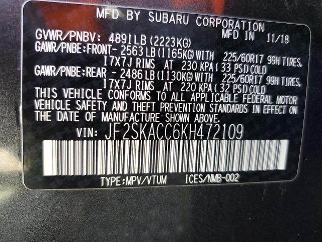 2019 SUBARU FORESTER JF2SKACC6KH472109