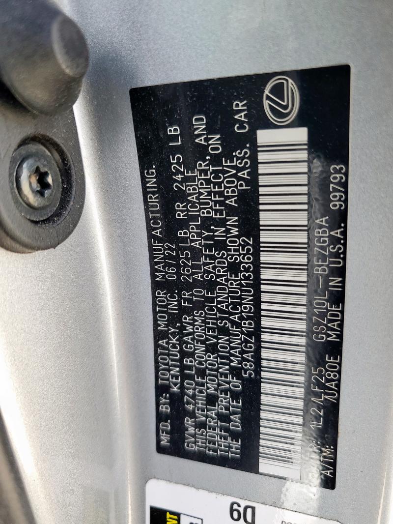 2022 LEXUS ES 350 BAS 58AGZ1B19NU133652