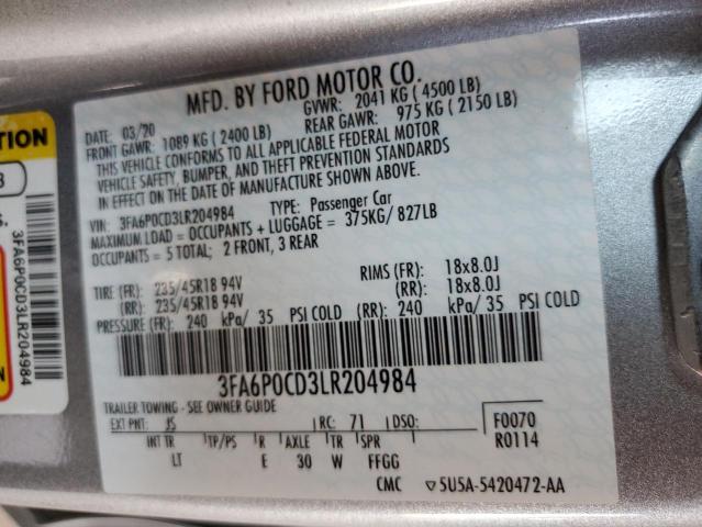 2020 FORD FUSION SEL 3FA6P0CD3LR204984