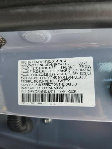 2022 HONDA RIDGELINE 5FPYK3F82NB026014