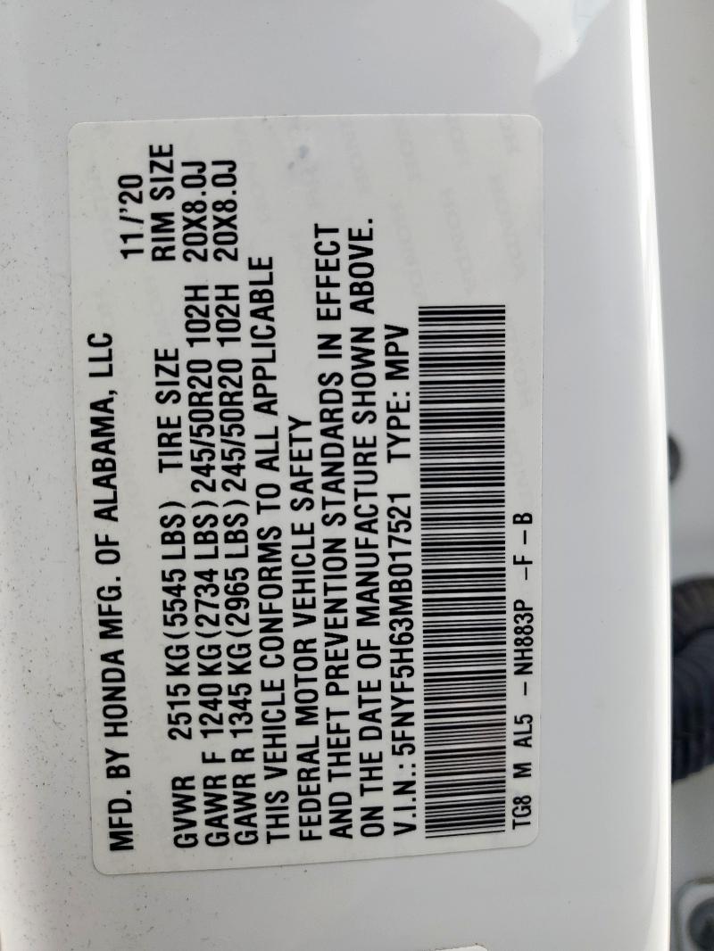 2021 HONDA PILOT TOUR 5FNYF5H63MB017521