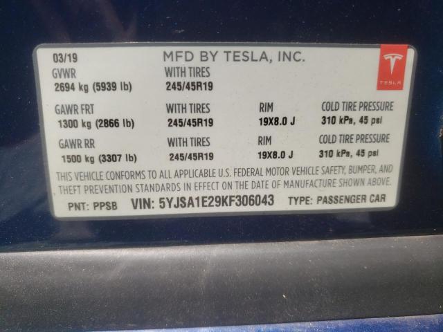 2019 TESLA MODEL S 5YJSA1E29KF306043