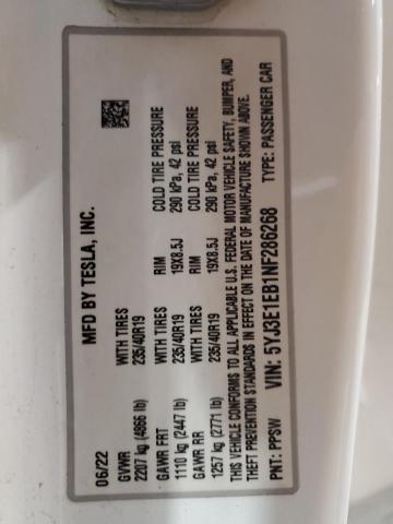 2022 TESLA MODEL 3 5YJ3E1EB1NF286268