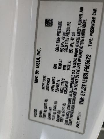 2020 TESLA MODEL 3 5YJ3E1EB8LF665622