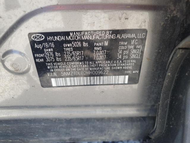 2017 HYUNDAI SANTA FE S 5NMZTDLB2HH009622