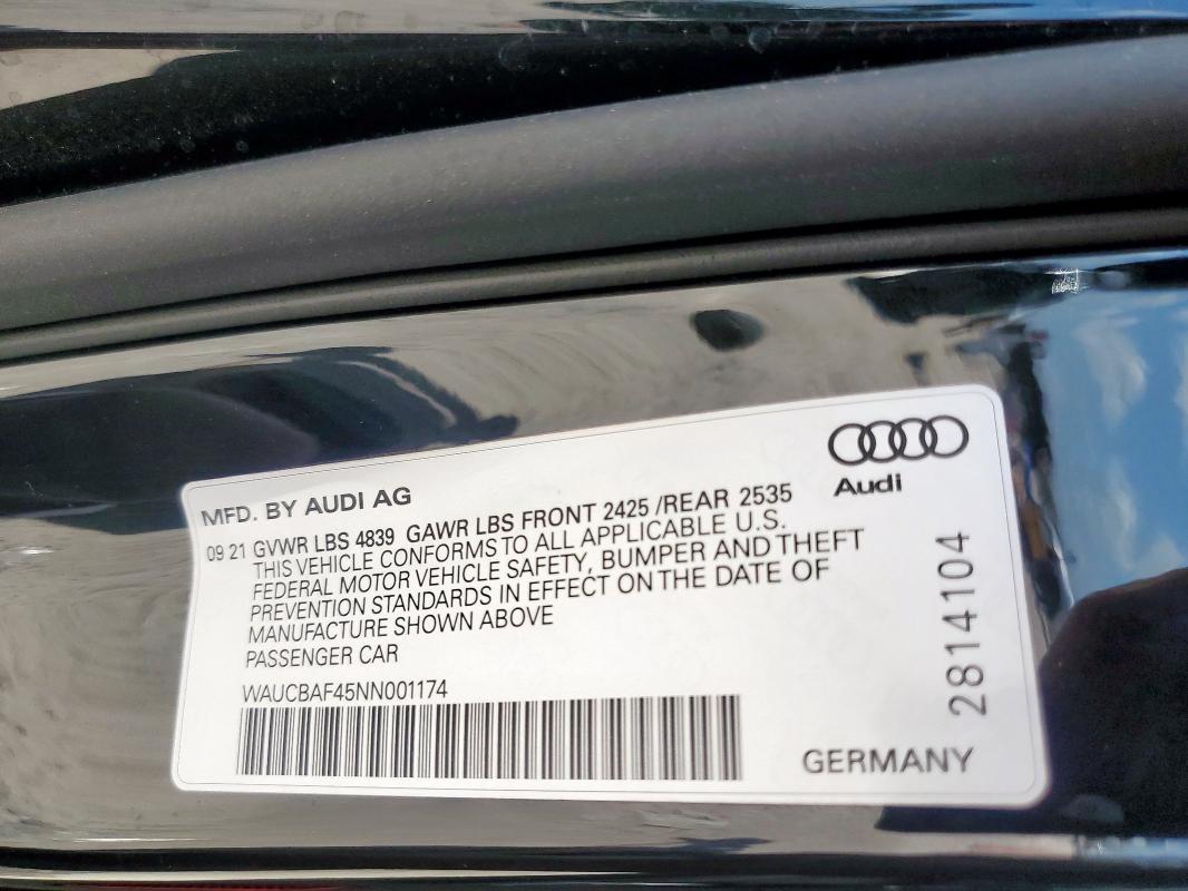 2022 AUDI A4 PRESTIG WAUCBAF45NN001174