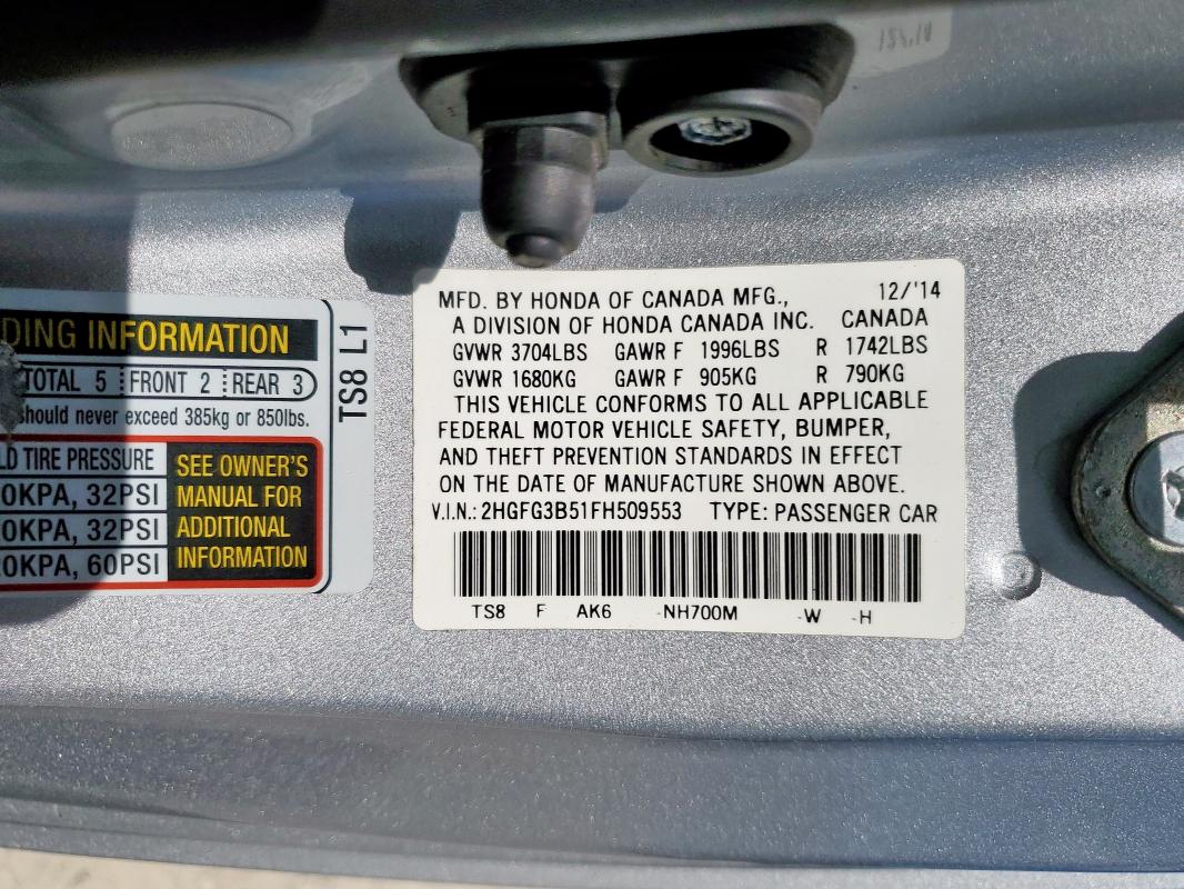 2015 HONDA CIVIC LX 2HGFG3B51FH509553