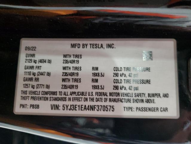 2022 TESLA MODEL 3 5YJ3E1EA4NF370575