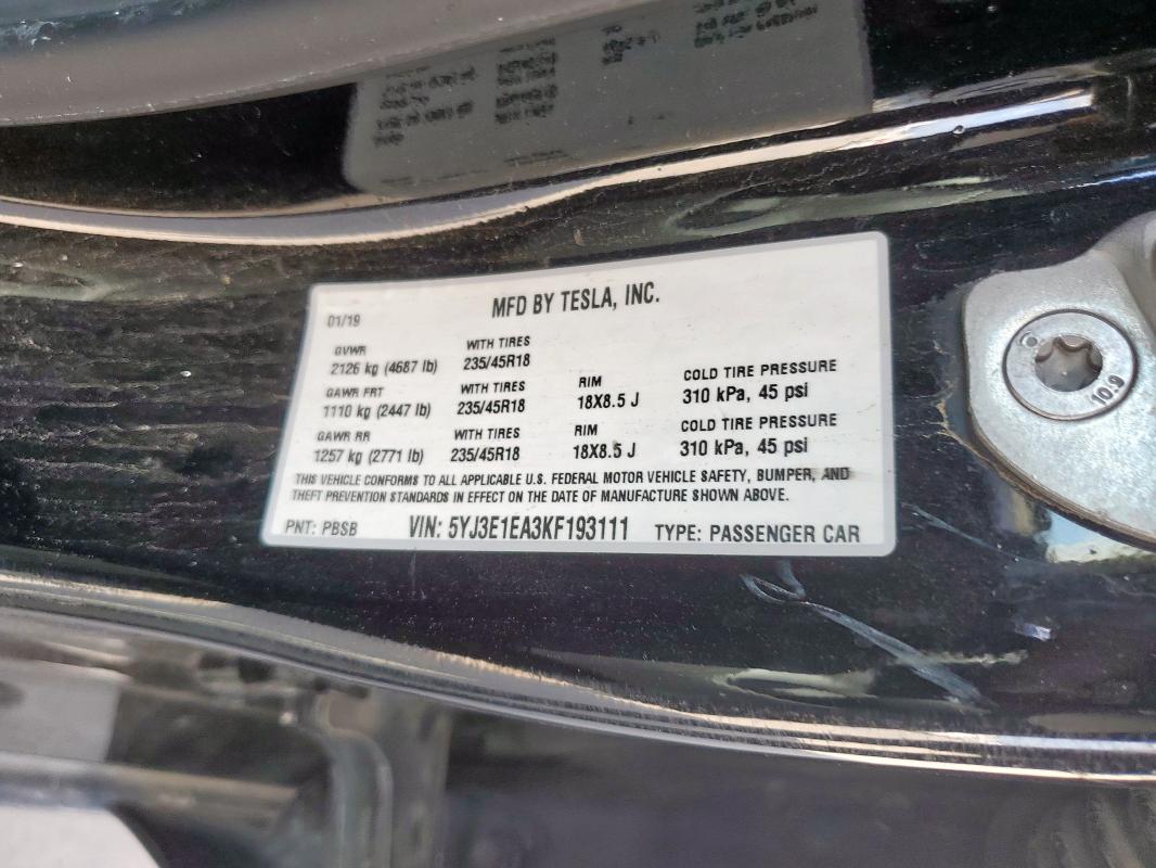 2019 TESLA MODEL 3 5YJ3E1EA3KF193111