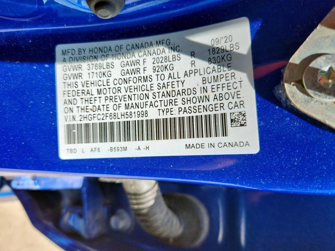 2020 HONDA CIVIC LX 2HGFC2F68LH581998