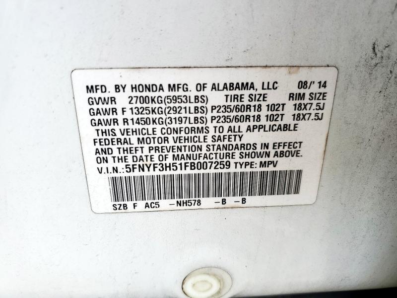 2015 HONDA PILOT EXL 5FNYF3H51FB007259