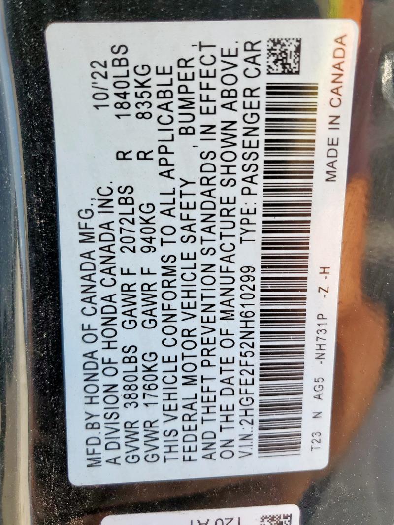 2022 HONDA CIVIC SPOR - 2HGFE2F52NH610299