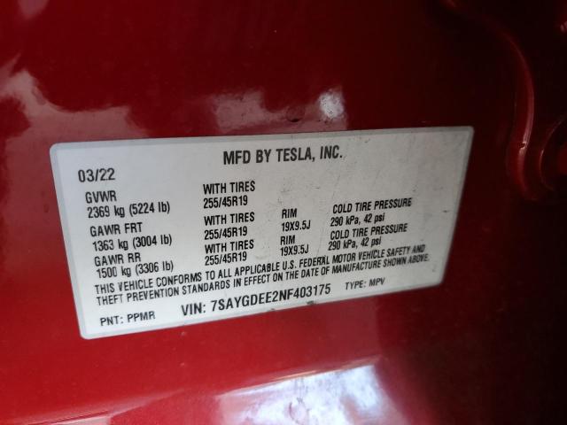 2022 TESLA MODEL Y 7SAYGDEE2NF403175