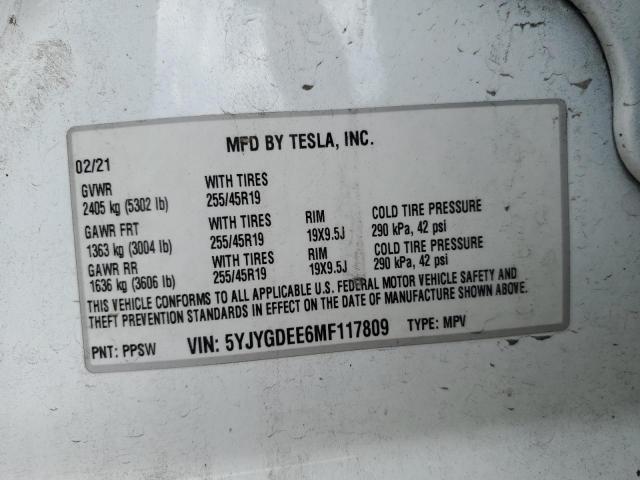 2021 TESLA MODEL Y 5YJYGDEE6MF117809