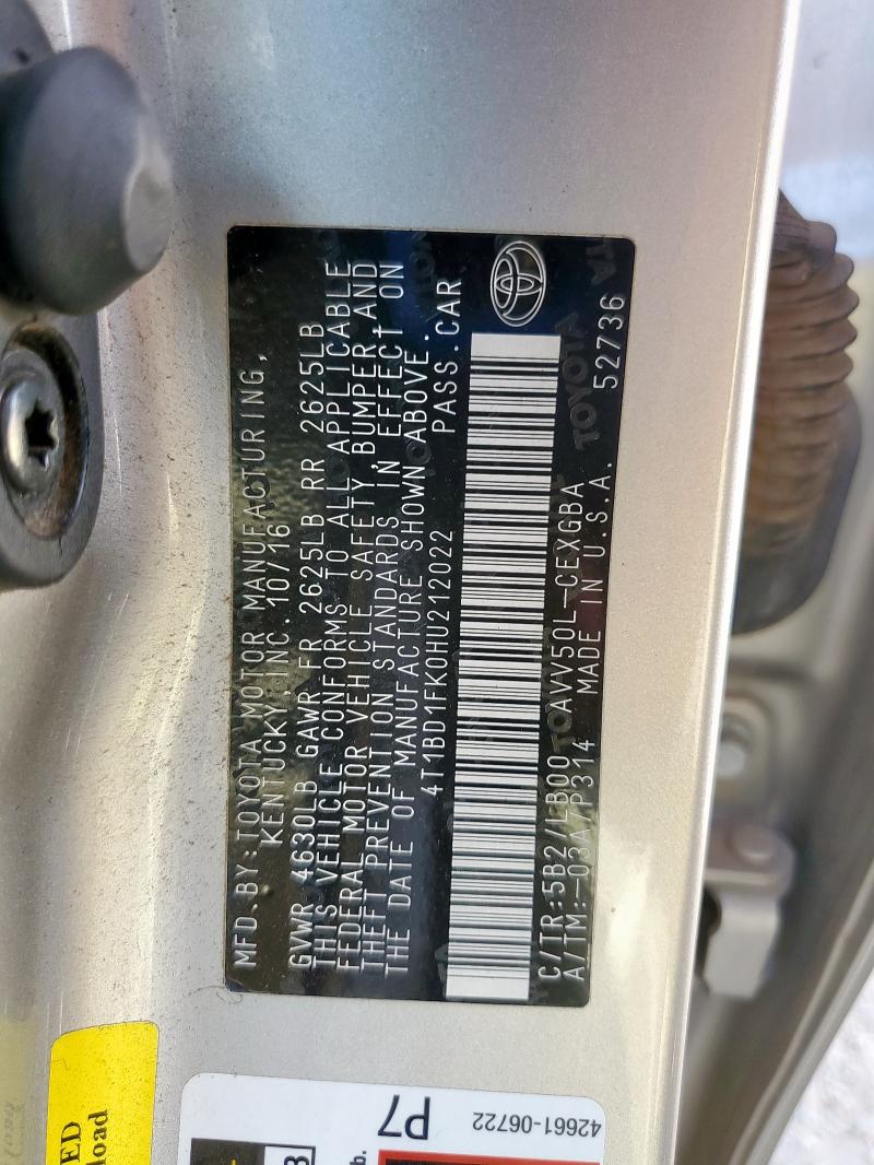 2017 TOYOTA CAMRY HYBR 4T1BD1FK0HU212022