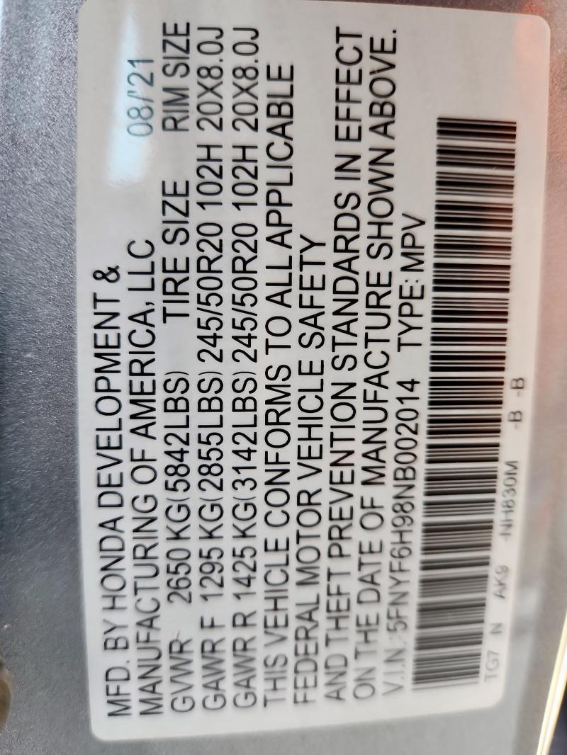 2022 HONDA PILOT TOURING 5FNYF6H98NB002014