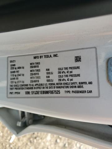 2021 TESLA MODEL 3 5YJ3E1EB9MF067525