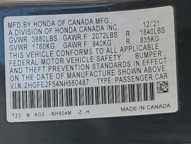 2022 HONDA CIVIC SPOR 2HGFE2F54NH560487