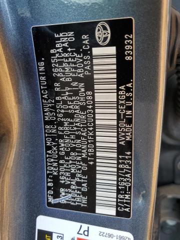 2012 TOYOTA CAMRY HYBR - 4T1BD1FK4CU034088