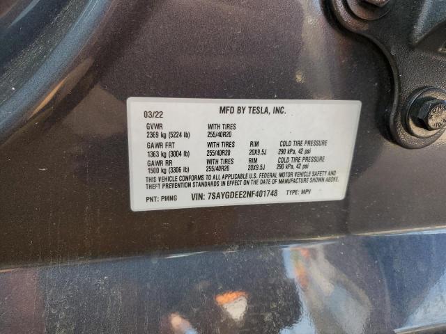 2022 TESLA Y 7SAYGDEE2NF401748