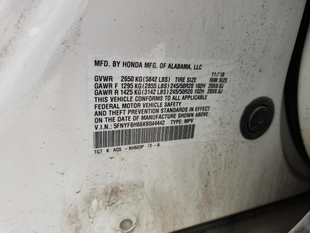 2019 HONDA PILOT TOUR 5FNYF6H66KB044442