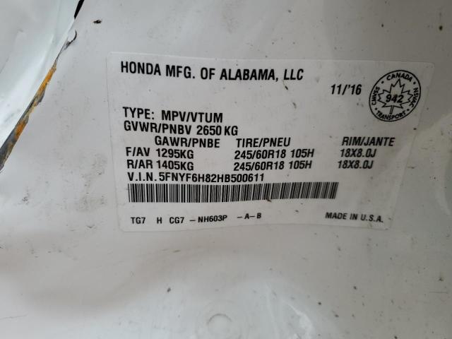 2017 HONDA PILOT EXL 5FNYF6H82HB500611
