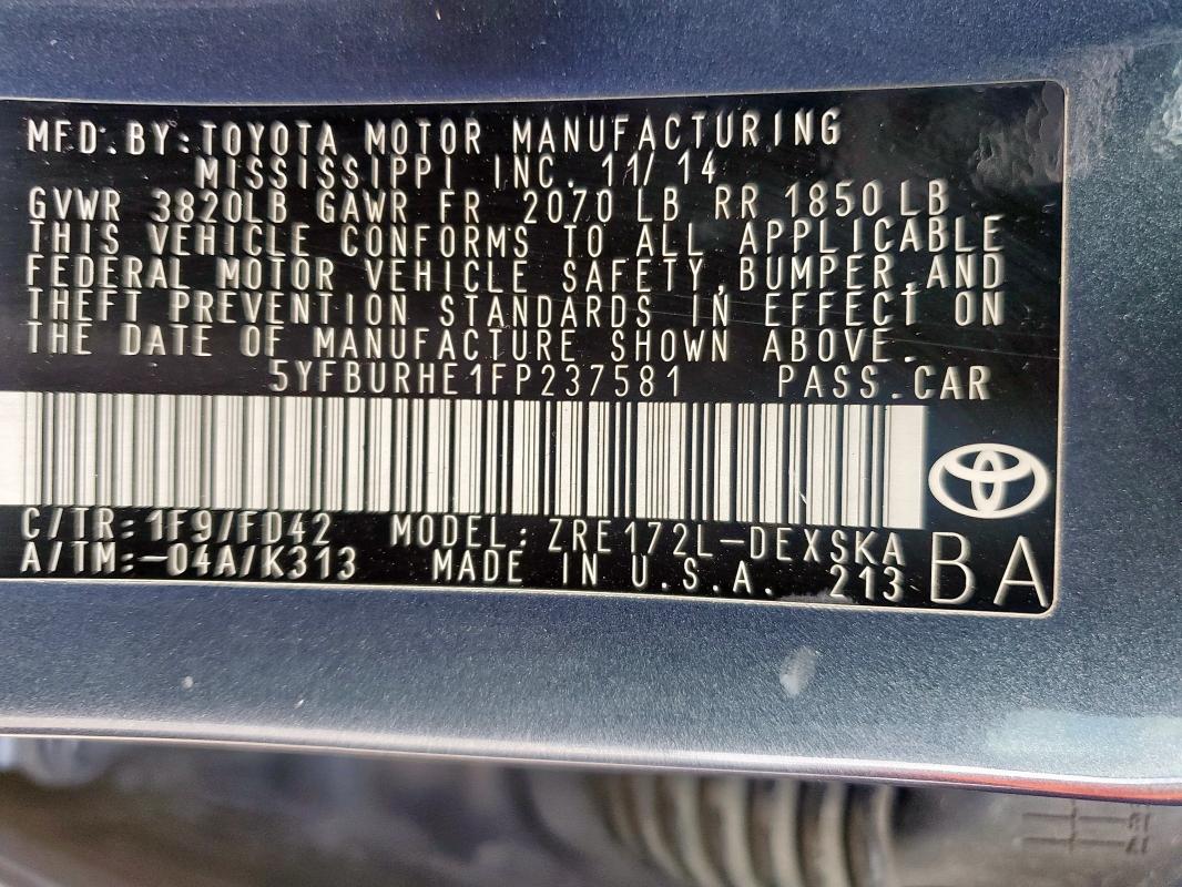 2015 TOYOTA COROLLA L 5YFBURHE1FP237581
