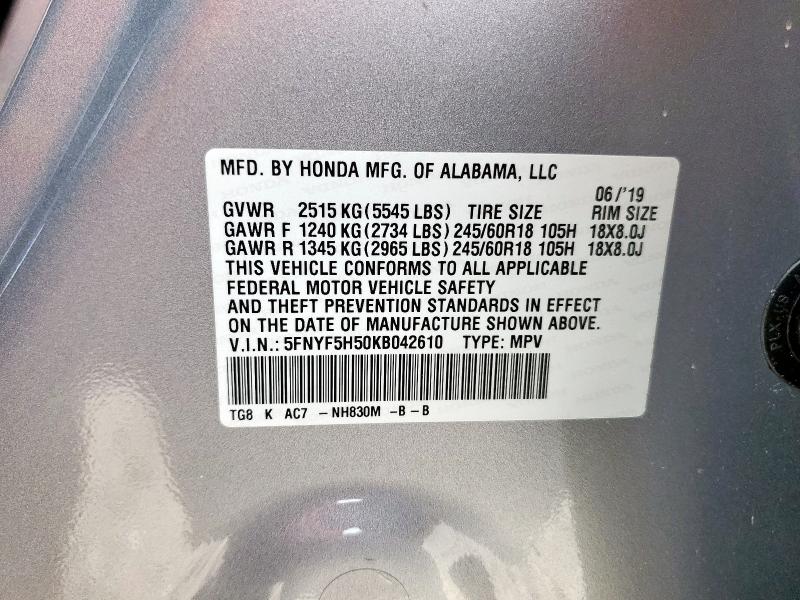 2019 HONDA PILOT EXL 5FNYF5H50KB042610