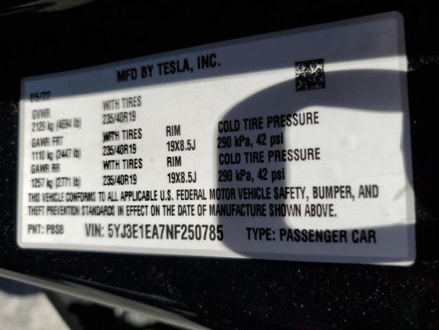 2022 TESLA MODEL 3 5YJ3E1EA7NF250785