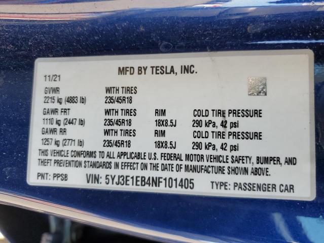 2022 TESLA MODEL 3 5YJ3E1EB4NF101405