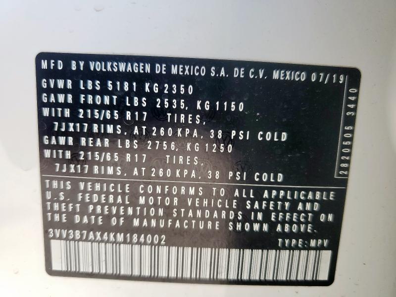 2019 VOLKSWAGEN TIGUAN SE - 3VV3B7AX4KM184002