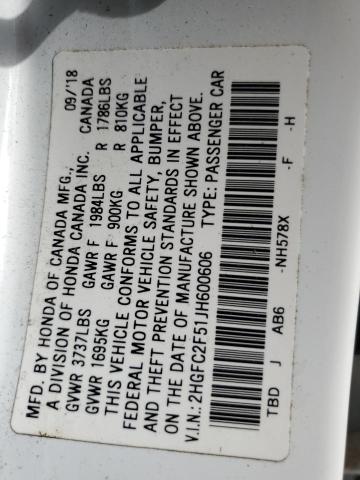 2018 HONDA CIVIC LX 2HGFC2F51JH600606