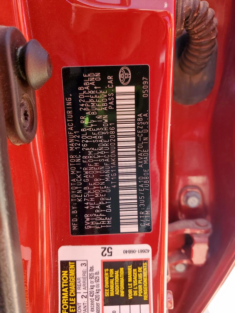 2022 TOYOTA CAMRY SE 4T1G11AK0NU020861