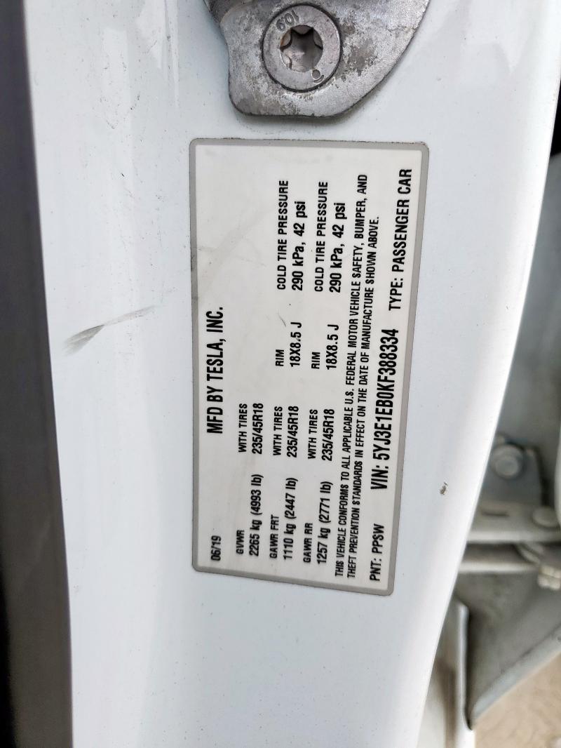 2019 TESLA MODEL 3 5YJ3E1EB0KF388334