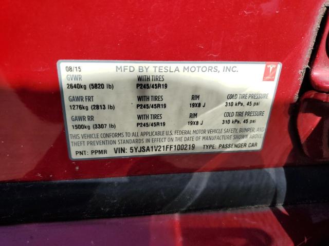 2015 TESLA MODEL S 90 5YJSA1V21FF100219