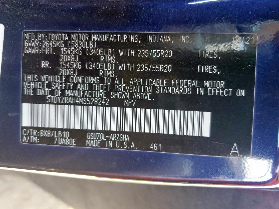 2021 TOYOTA HIGHLANDER - 5TDYZRAH4MS528242
