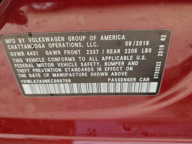2019 VOLKSWAGEN PASSAT WOLFSBURG 1VWLA7A36KC000756