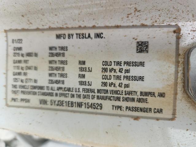 2022 TESLA MODEL 3 5YJ3E1EB1NF154529