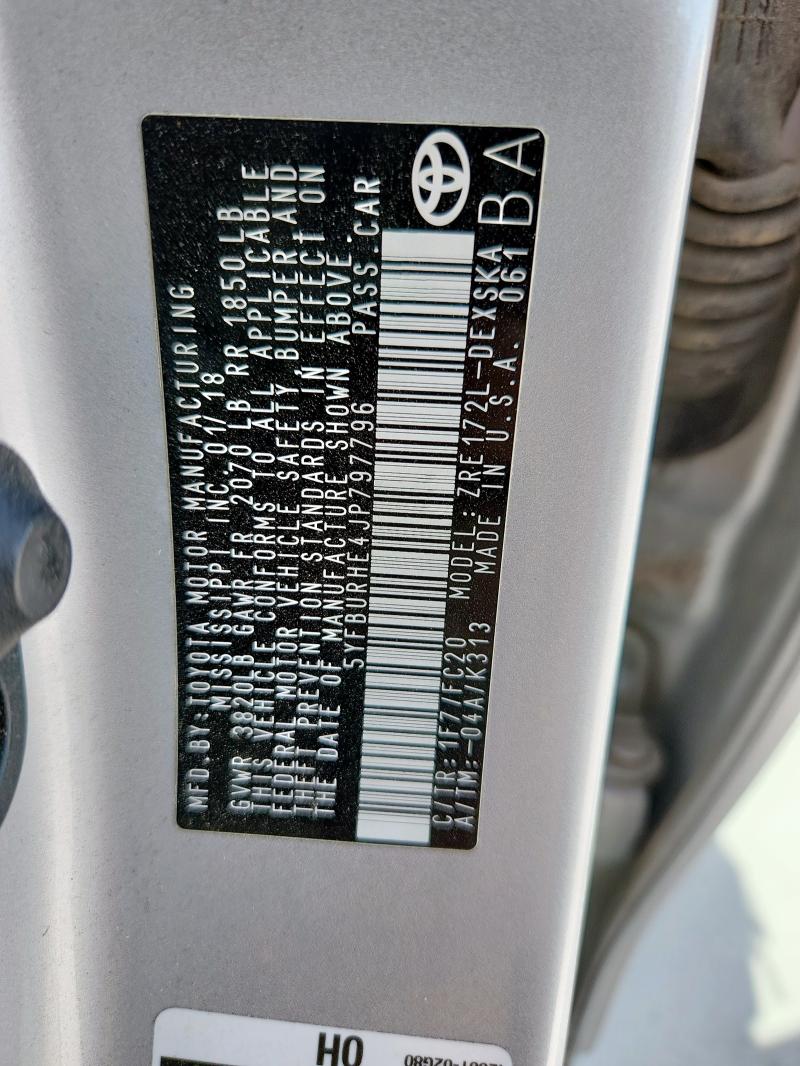 2018 TOYOTA COROLLA L 5YFBURHE4JP797796