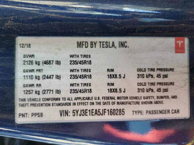 2018 TESLA MODEL 3 5YJ3E1EA5JF160285