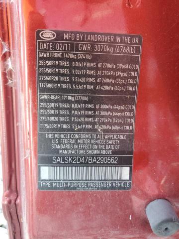 2011 LAND ROVER RANGE ROVE - SALSK2D47BA290562