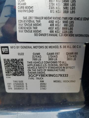 2022 CHEVROLET SILVERADO - 3GCPYBEK9NG179333