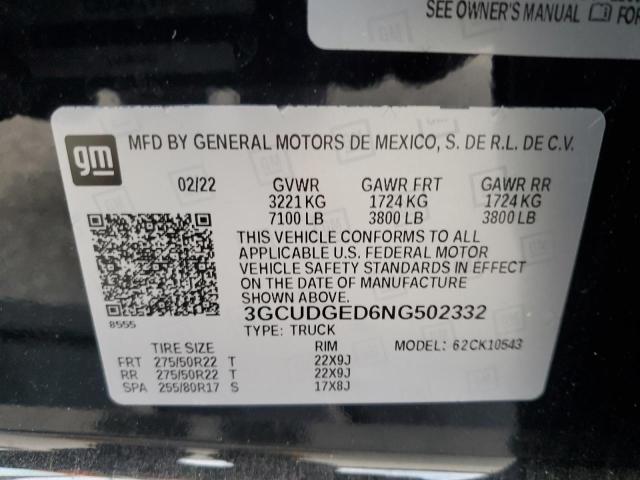 2022 CHEVROLET SILVERADO 3GCUDGED6NG502332
