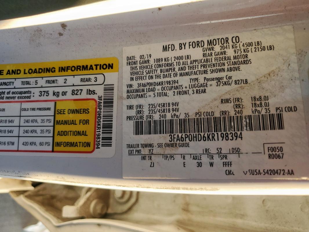 2019 FORD FUSION SE - 3FA6P0HD6KR198394