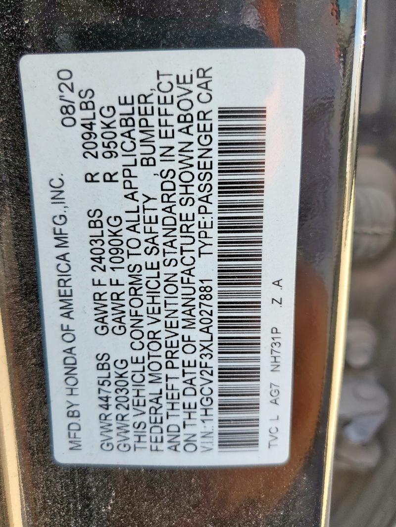 2020 HONDA ACCORD SPORT 1HGCV2F3XLA027881